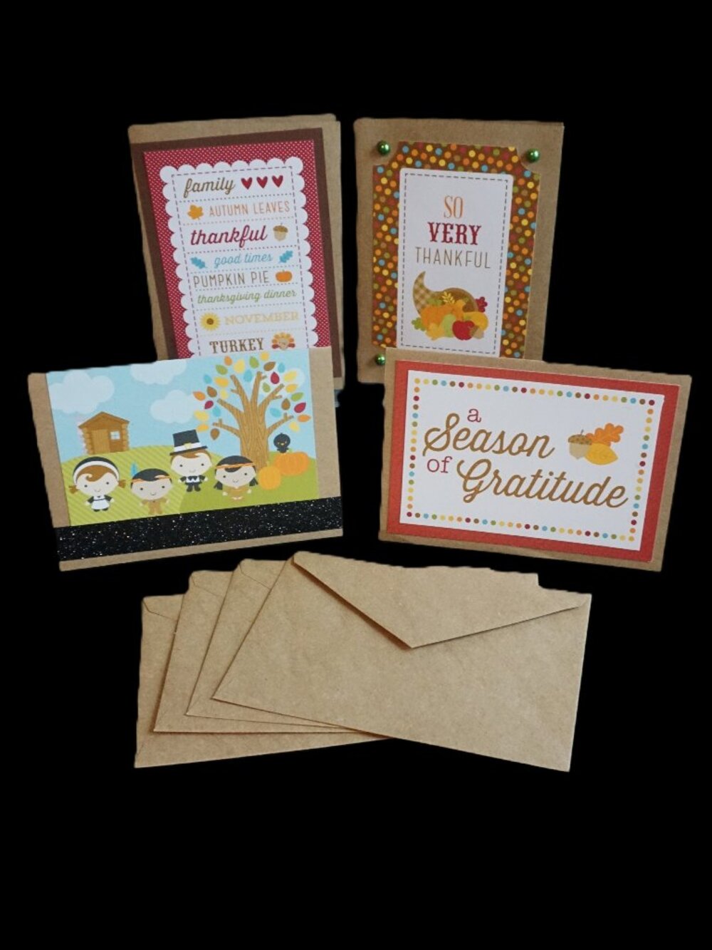 4 Handmade Thanksgiving Kraft Large Card Set Cardstock Blocks w/ Embellishments